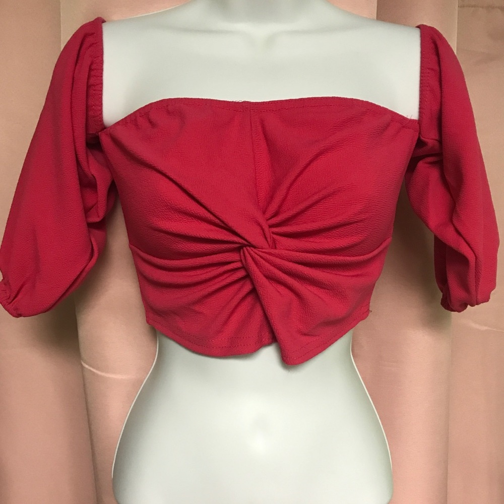 PrettyLittleThing fuchsia pink bardot balloon sleeves crop top